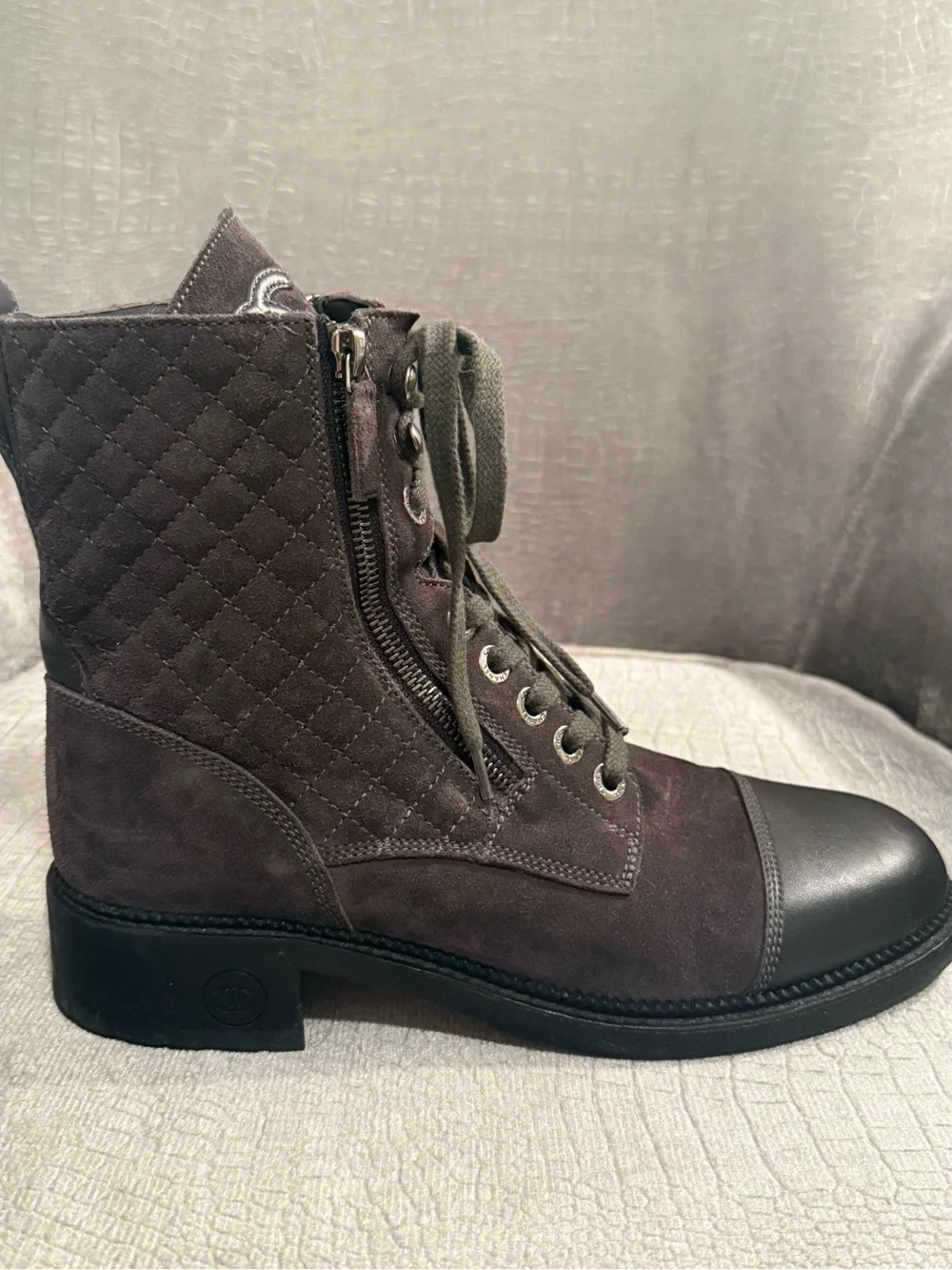 CHANEL G33769 Dark Gray Quilted Suede CC Combat Boots 41.5